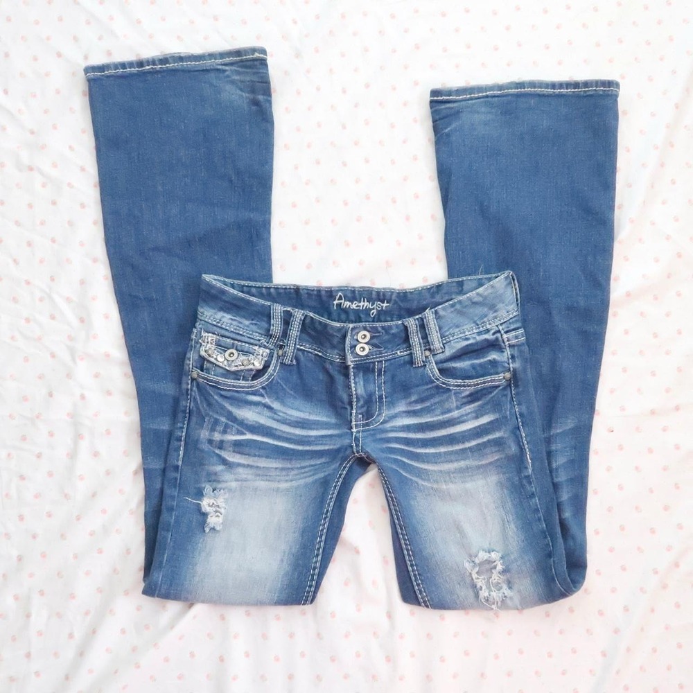 amethyst y2k low rise distressed bootcut jeans rhinestone pocket
